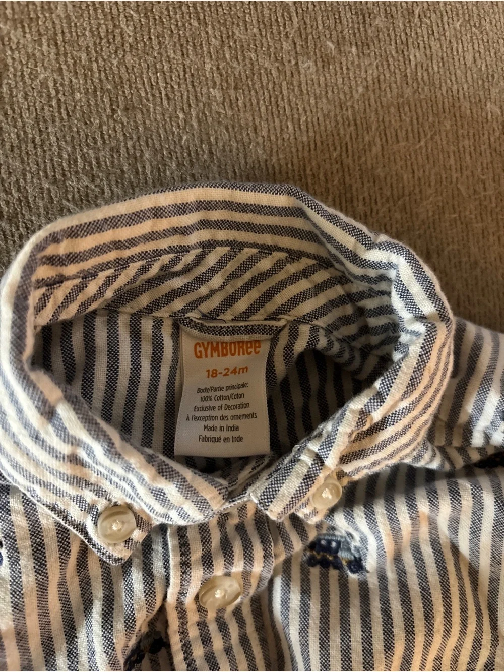 Striped Blue & White Button-Up Shirt with Navy Train Embroidery